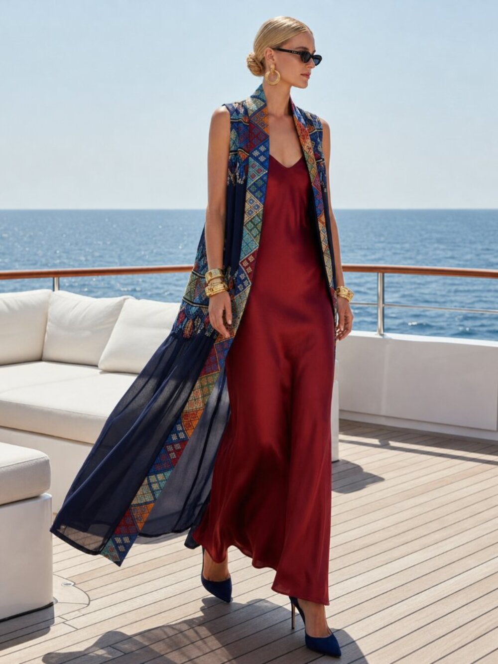Sheer Embroidered Long Vest Navy Folk Craft Ethnic Boho Chic Resortwear